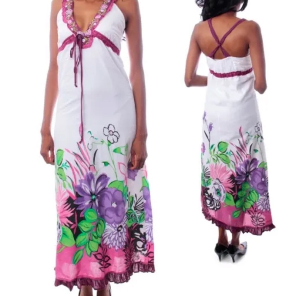 Womens dress maxi sexy summer sun tropical floral 100% cotton lace lined S M L